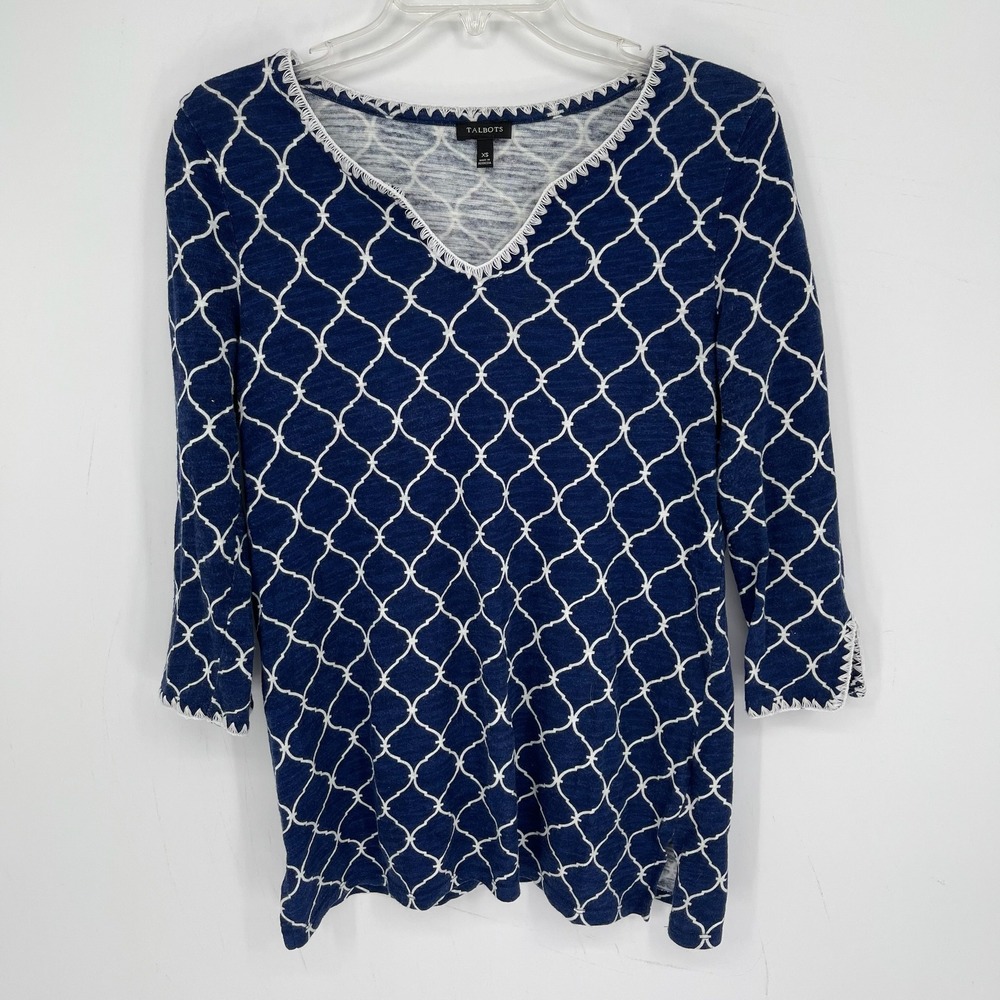 Talbots Women's Blue Geometric Embroidered Linen Blend V-Neck Beach Top Size XS